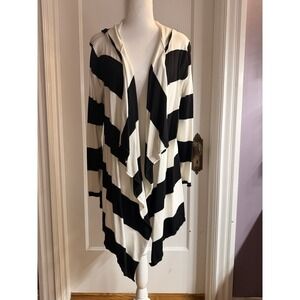 LYN Wide Black And White Striped Open Front Hooded ‎ Cardigan Size Medium